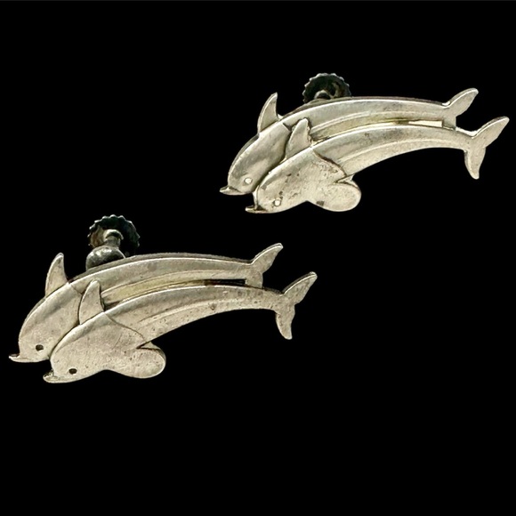 1950s Georg Jensen Denmark Dolphins Sterling Silver Screw Back Earrings Vintage - Picture 1 of 3